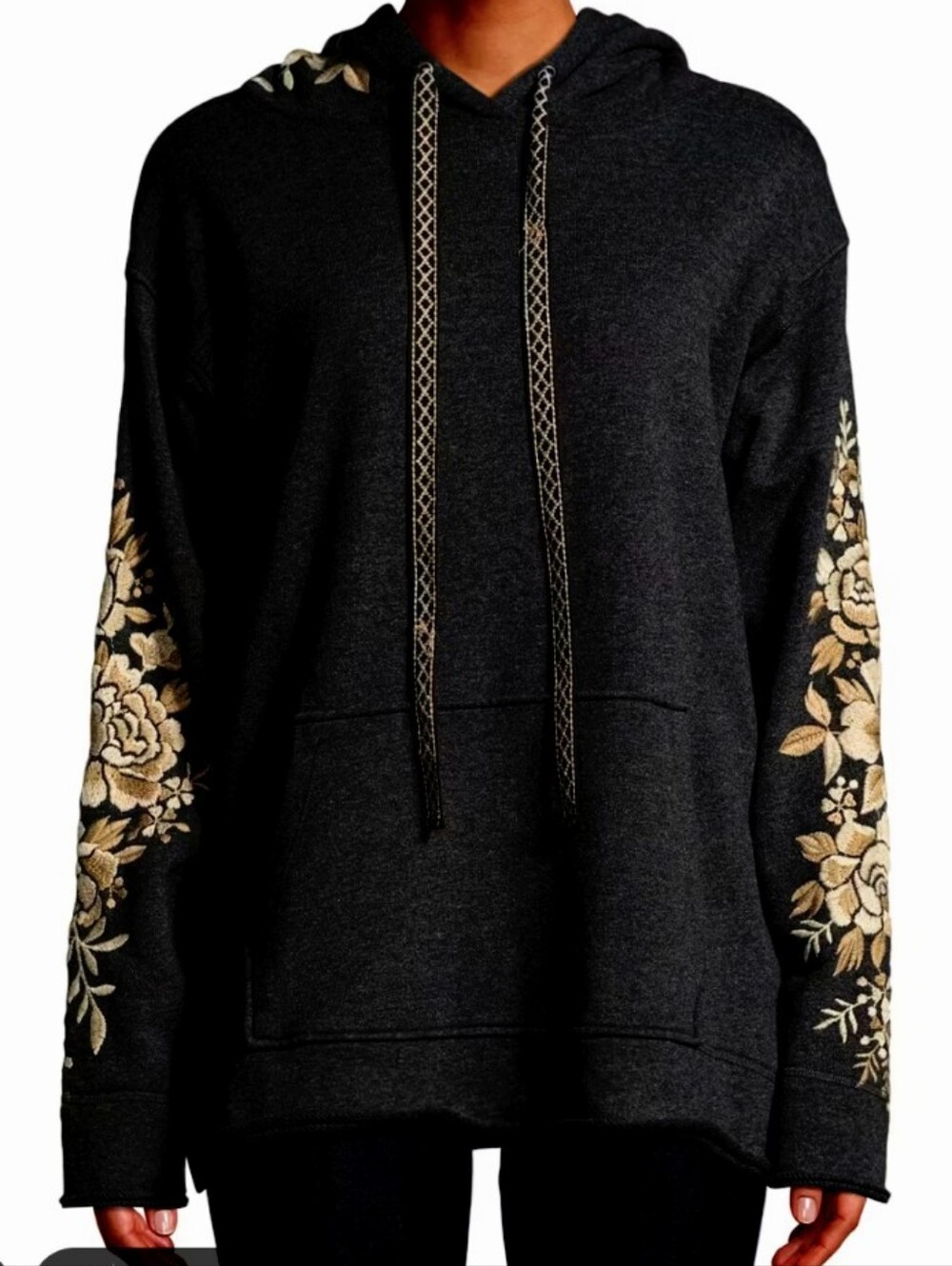 Johnny Was Black Hoodie with Gold Floral Sleeve Embroidery NWOT Size Small